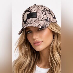 AllSaints Flow BB Cap Taupe Snake Print Logo Hat One Size NWT